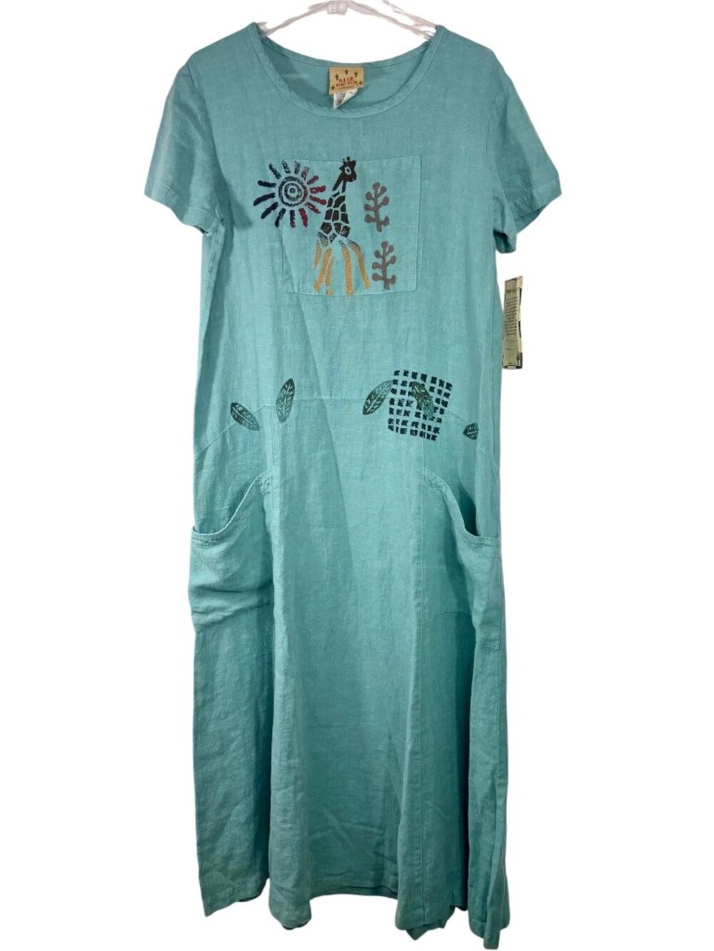Blue Cactus Womens Medium Aqua Linen Midi Dress Giraffe Nature Print Pockets Sho